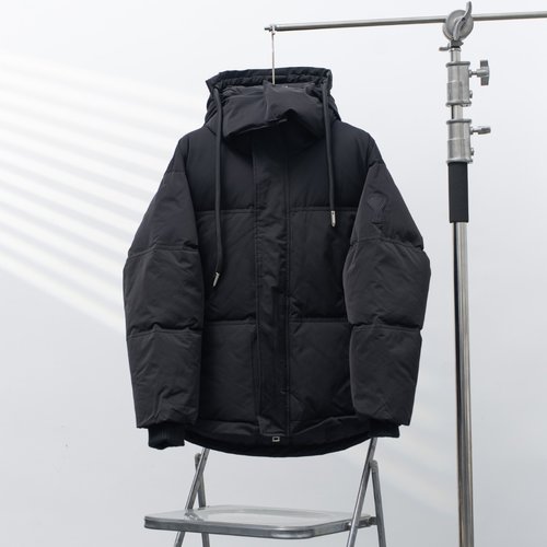 Ami Hooded Down Jacket with Sleeve Logo in Black