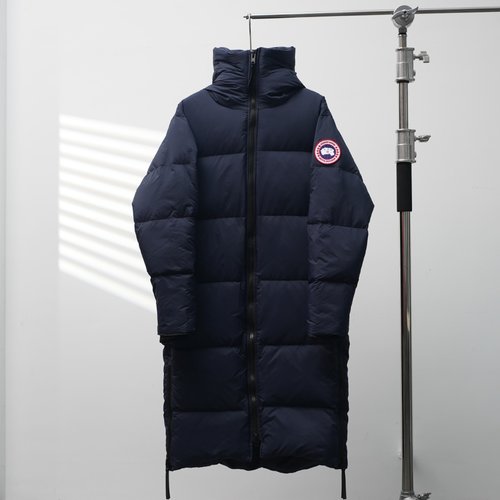Canada Goose Long Hooded Down Jacket with Logo Patch