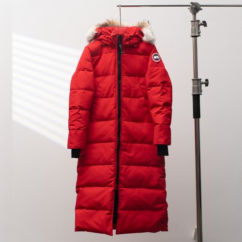 Canada Goose Long Down Jacket with Fur Hood, Red